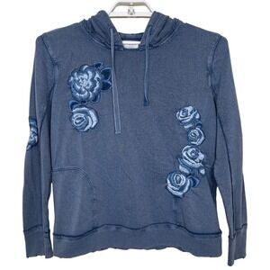 Lucky Brand Wash Cotton Floral Embroidered Hoodie Sweater XL Blue Rose Boho